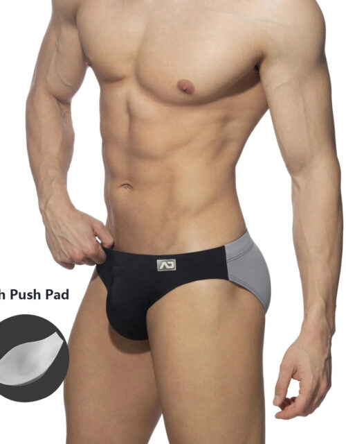 New Men's Solid Color Stitching With Push Pad Triangle Swim Trunks Fashion Low Waist Bikini Summer Beach Surf Quick Dry Swimwear
