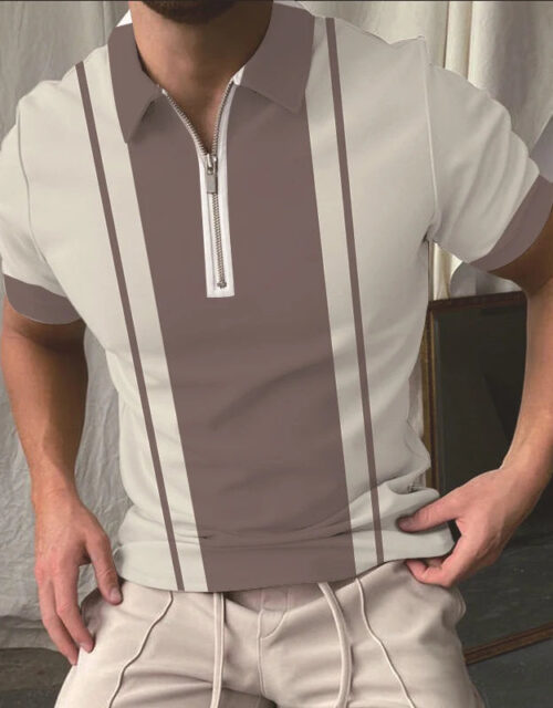 Simple vertical line Polo Shirt for Men Hawaiian 3D Print Zipper Polo Short Sleeve Summer Shirt