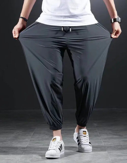 Summer Quick-drying Ice Silk Casual Pants Men's Ultra-thin Elastic Nine-point Pants Loose Drape Solid Beam Feet Pants 7XL