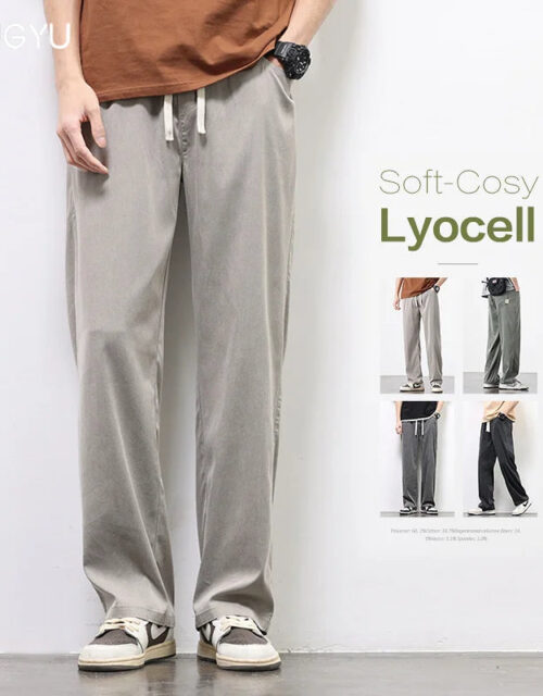 Summer Streetwear Lyocell Fabric Pants Men Stretch Loose Drawstring Elastic Waist Korea Jogger Sports Casual Long Trousers Male