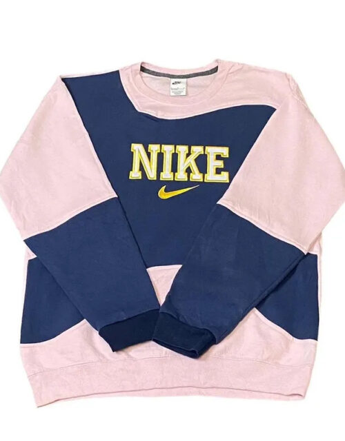 Nike Reworked Sweatshirt Mens Medium Pink Navy Swoosh Logo Crew Neck Vtg Y2K