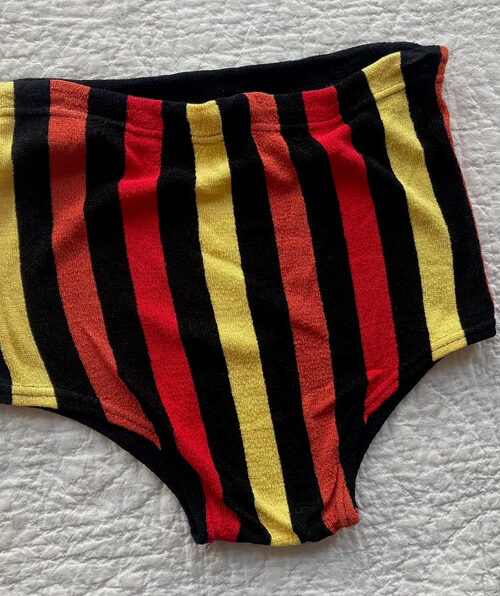 50s Men's Swimsuit by Campus Rayon Knit Color Block Striped Stripes Drawstring Waist Bathing Suit Shorts Trunks 1950s