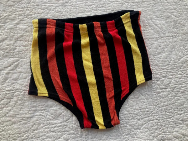 50s Men's Swimsuit by Campus Rayon Knit Color Block Striped Stripes Drawstring Waist Bathing Suit Shorts Trunks 1950s