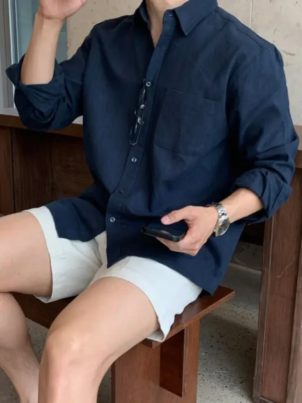 Cotton Linen Men's Long-Sleeved Shirts Summer