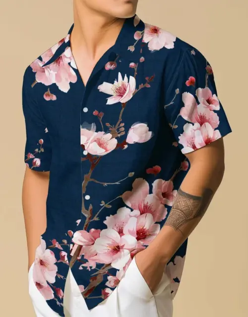Hawaiian Shirt Men Flower Button Up Cherry Blossom Shirt Gift for Travel Lover Sakura Shirt Vacation Wear Casual Button Down Shirt Floral