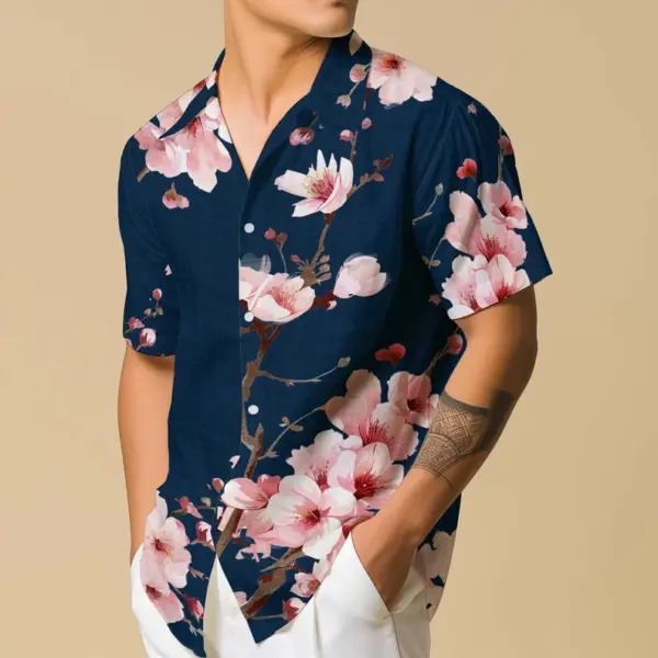 Hawaiian Shirt Men Flower Button Up Cherry Blossom Shirt Gift for Travel Lover Sakura Shirt Vacation Wear Casual Button Down Shirt Floral