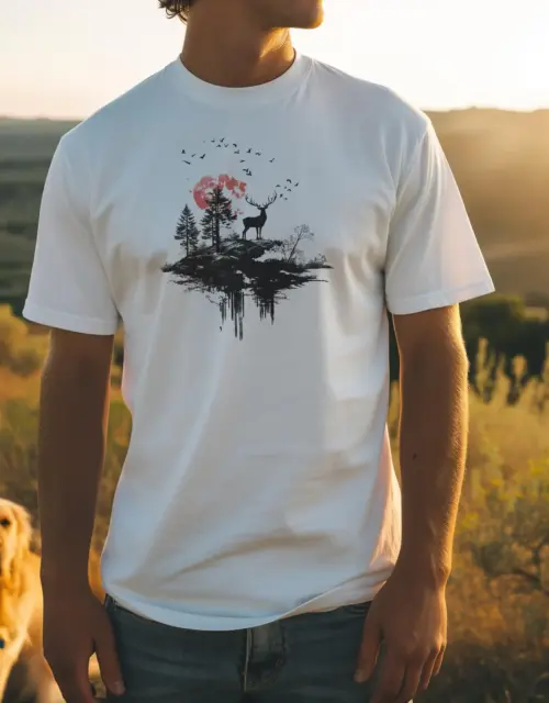 Men's T-Shirt white Deer - Sunset - Wilderness - Outdoor Man Organic Shirt - 100% Cotton
